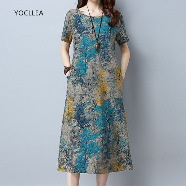 

2020 cotton linen summer dress women loose plus size casual dress ol work wear vintage print beach sundress dresses vestidos, Black;gray