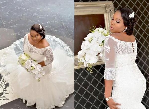 

romantic african wedding dress plus size scoop neck half sleeves applique lace mermaid vestidos de novia wedding dresses bridal gowns, White