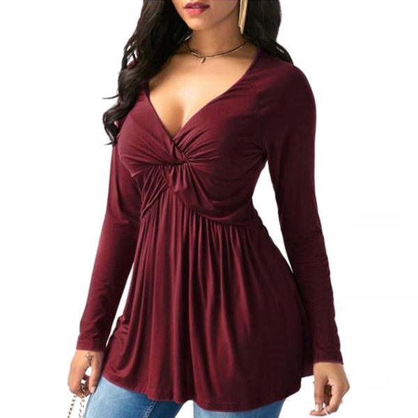 

women autumn plus size deep v neck long sleeve ruffle solid t shirt loose casual, White