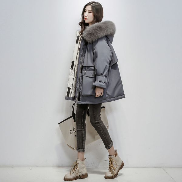

2019 new winter women big fur collar oversize down long coat female thick warm hooded white duck down jacket parka, Black