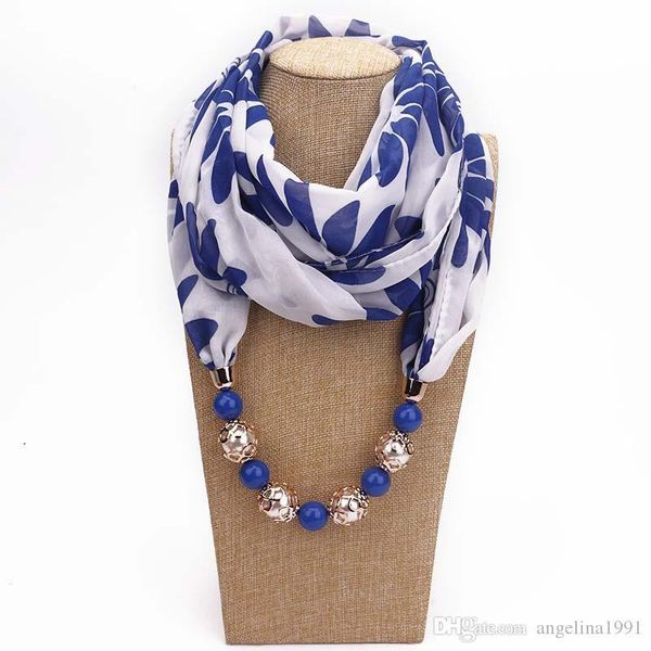 

new women' printed chiffon scarf muslim turban fashion beaded pendant jewelry bohemia multi-functional dress necklace scarves, Blue;gray