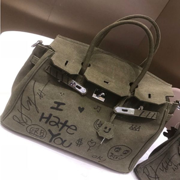 2020 POP ART Kadın Kanvas Çanta Kilit Çile 45cm Büyük Graffiti Tasarım Lüks Bolsa Feminina Tasarımcı Çanta Erkek Postacı Çantaları