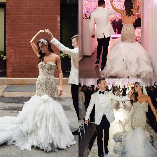 

luxury beaded mermaid wedidng dresses sweetheart tiered skirts sweep train backless wedding gowns custom made vestidos de novia, White