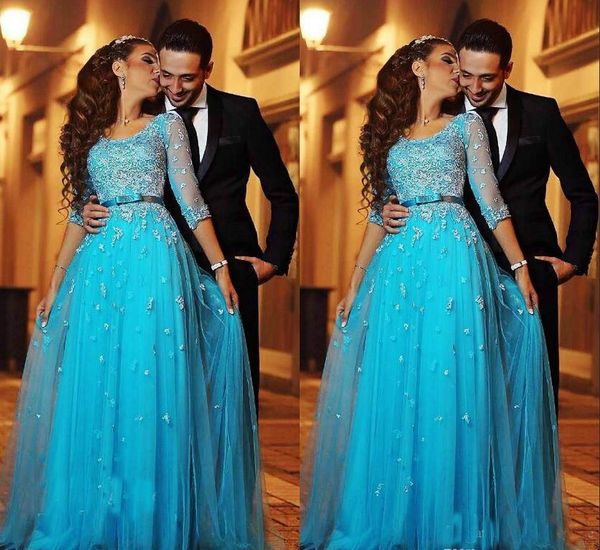 

2019 Blue Lace Arabic Evening Dresses Half Sleeves A-line Tulle Long Formal Holiday Wear Prom Party Gown Custom Made Plus Size