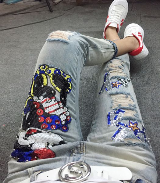 

female denim trousers new spring autumn loose cartoon sequins hole students jeans ankle-length loose casual straight jeans women, Blue