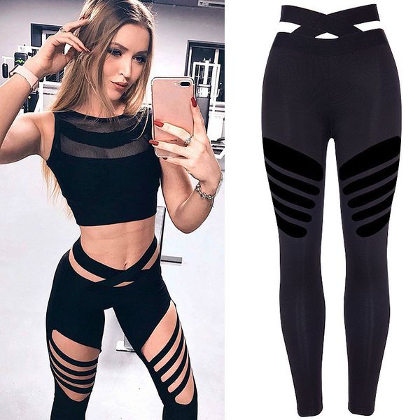 

women stretch cut out ripped hollow hole fitness high waist leggings running pants active wear sport trousers, Black