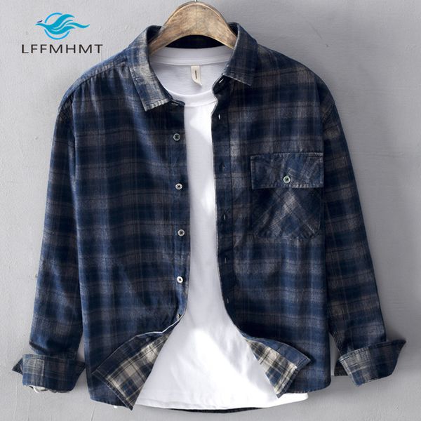 

men spring and autumn fashion brand japan style vintage plaid corduroy long sleeve shirt male casual loose thin shirts coat, White;black