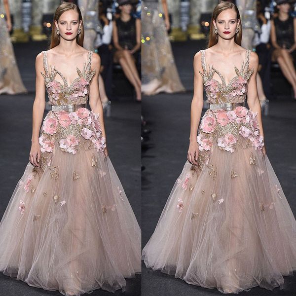 Vestidos Prom Dresses Flor AppliqueTulle Evening vestidos de festa Feito à Mão 3D Wear desfile de moda 2020 Inverno Elie Saab Luxo