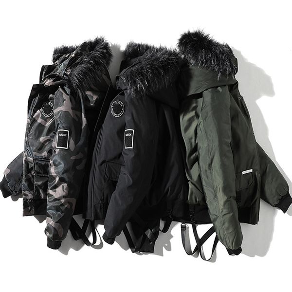 

2019 men winter jacket streetwear camouflage thicken warm men's hooded casual hip hop ribbons male parkas outerwear abz521, Black