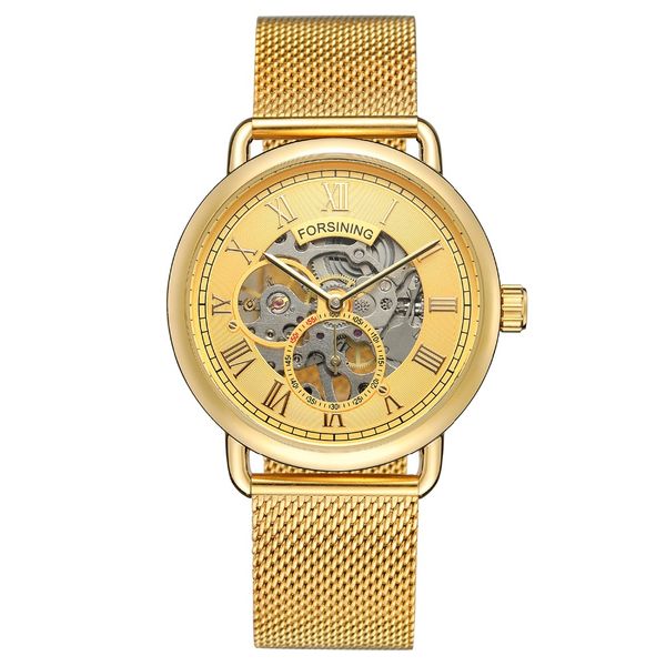 

new fashion gold watches for men forsining stainless steel skeleton transparent wrist watch mechanical hand wind heren horloge, Slivery;brown