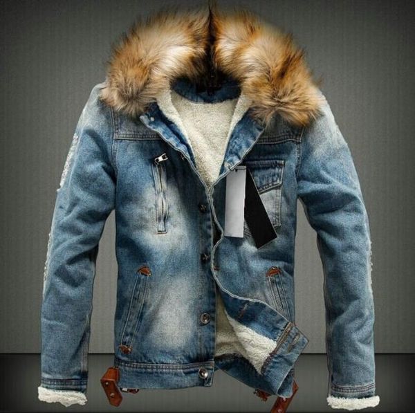 

mens washed winter jean jackets autumn thick fur designer coats long sleeved single breasted jacket