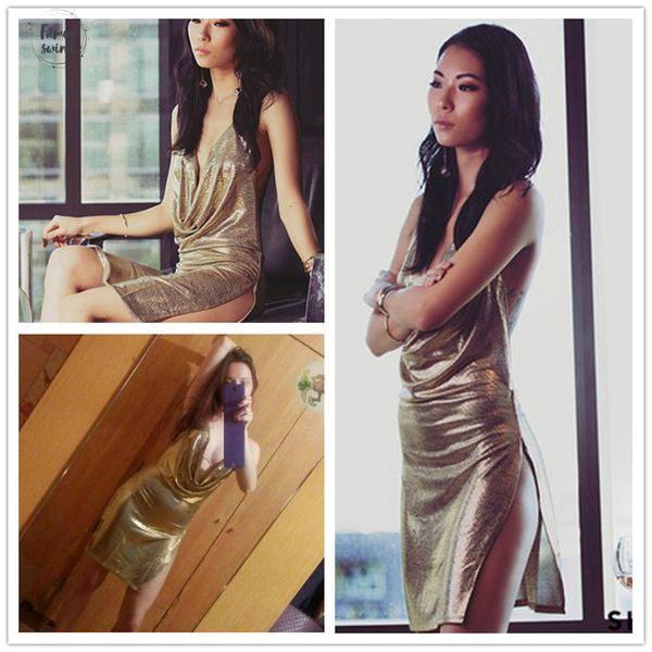 

plunge dress party metallic gold women backless slit summer dresses mini bodycon draped slim club dress designer clothes, Black;gray