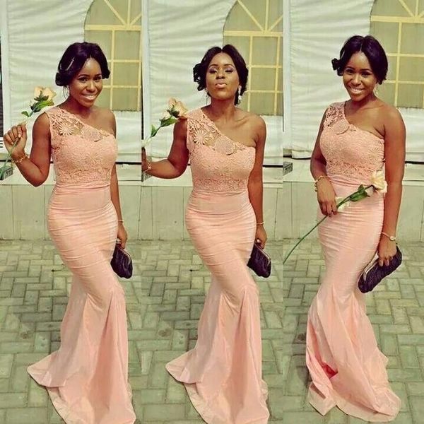 

modest one shoulder peach bridesmaid dresses mermaid lace long south africa plus size prom evening gown country maid of honor dress 2018, White;pink