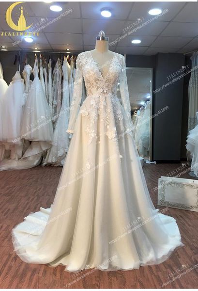 

jialinzeyi real rhine v neck lace appliques a-line wedding dresses 2020, White;black
