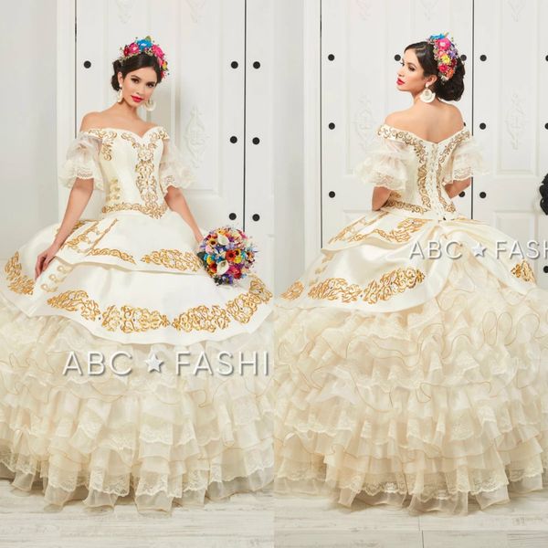 

ruffled floral charro quinceanera dresses 2020 off shoulder puffy skirt gold embroidery beads princess sweety 16 girls masquerade prom dress, Blue;red