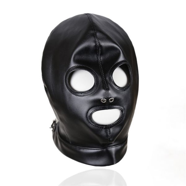 

black faux leather back lace up fetish hood open eyes and open mouth gothic gimp slave role play head mask masqrade costume, Black;red