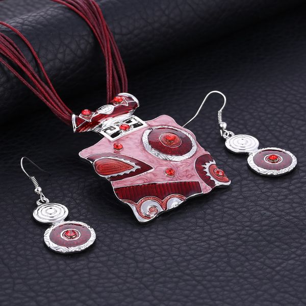 

2pcs/set vintage crystal gem pendant jewelry sets for women silver plated geometry earring necklace wedding accessories bijoux