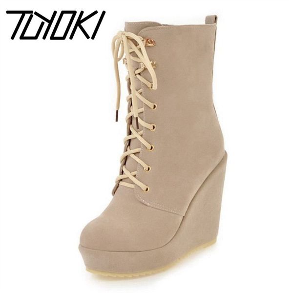 

tuyoki size 32-43 ladies high heel boots women wedges lace up platform winter boot fashion female daily mid calf footwears, Black
