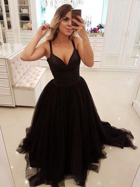 

black prom dresses v-neck straps bead waist tulle evening gowns cocktail party ball bridesmaid dress special occasion formal gown