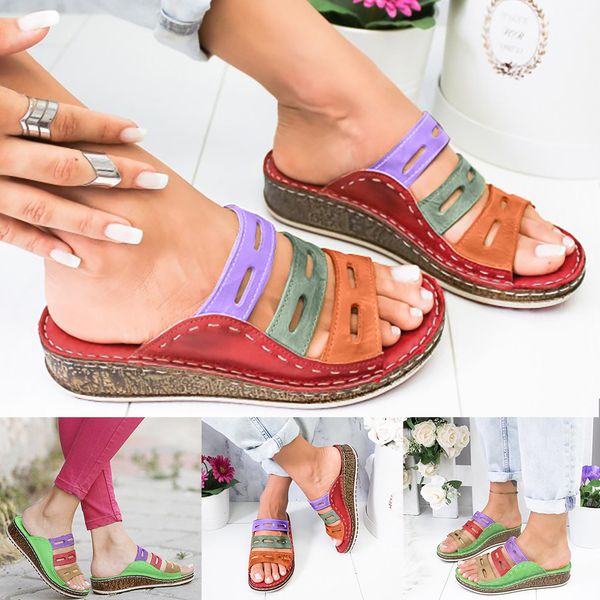 

summer women slippers rome retro three-color casual shoes thick bottom wedge open toe sandals beach slip on slides female, Black