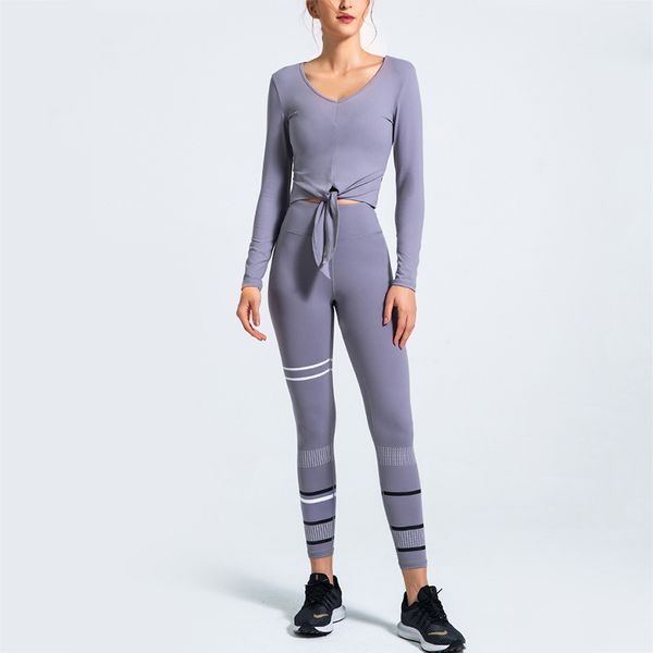 

женская 2 шт. спортивная одежда лук-узел с длинным рукавом спортивный топ бег быстросохнущие печатные брюки для йоги комплект