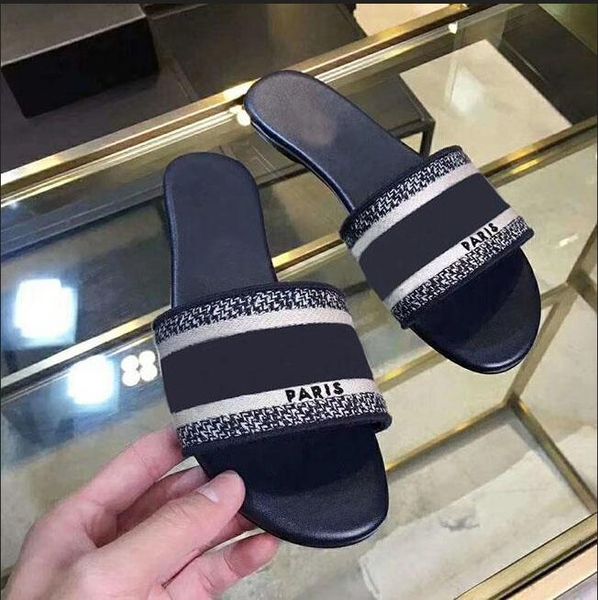 

luxury designer leather blue red stripes sandals denim ladies summer flat slipper outdoor beach woman flip flops rainbow letters slippers, Black