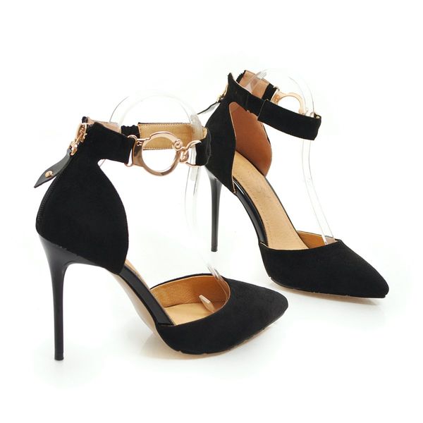 

new designer ring buckle pointed toe women pumps 100mm fashion high heels shoes for women dress shoes large size, Black