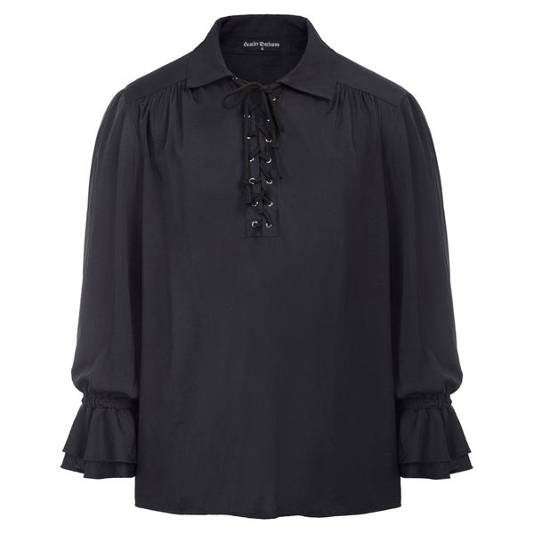 

men vintage shirt retro casual medieval renaissance long sleeve lapel collar lace-up party evening club wear gothic shirt, White;black