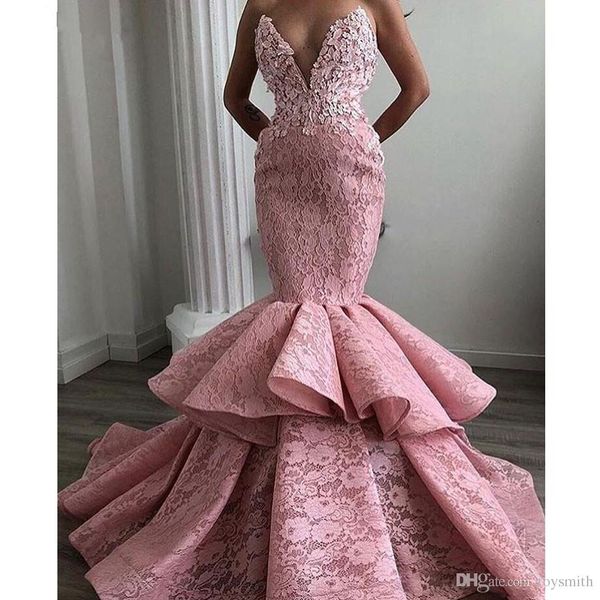 

lace mermaid prom dresses 2019 sweetheart lace appliqued tiered skirt luxury evening dress abendkleider robe de soiree formal party gowns, Black