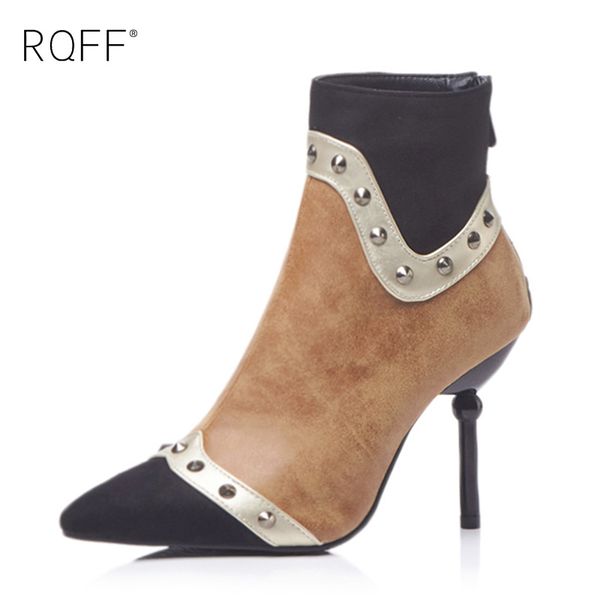 

rqff winter new arrivals pointed toes ankle boots woman plus size super high heel mixed colors rivet handmade shoes women, Black