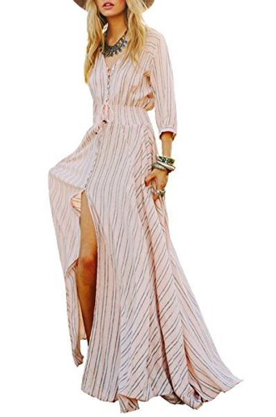 

r.vivimos women 3/4 sleeve striped v-neck button-up empire waist maxi dresses, Black;gray