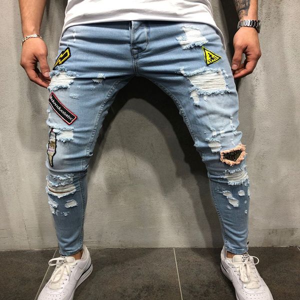 

2019 fashion hip-hop embroidered hole men's jeans slim street jeans, Blue