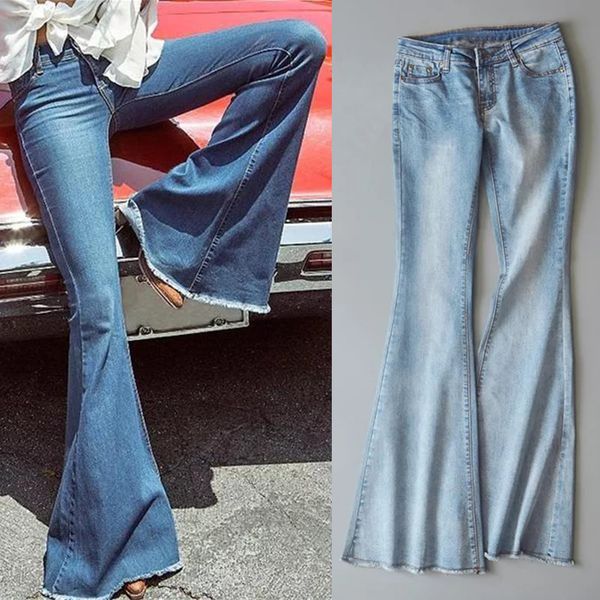 

lasperal 2019 new spring women blue mid waist flare bell bottoms ladies stretching jeans fashion wide leg denim trousers