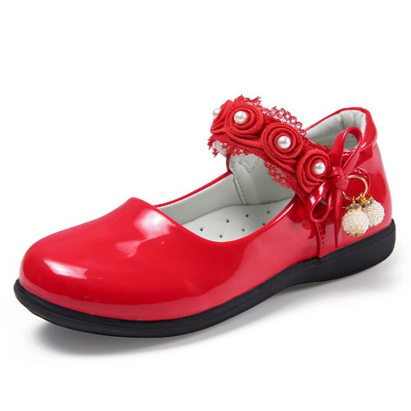 

children's patent leather shoes girls princess pu sneaker with flowers and pearl , 3colors size 27-37, Black