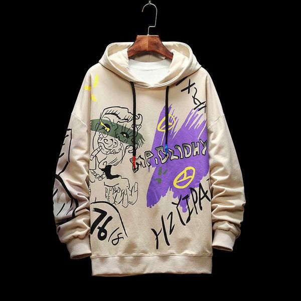 

korean style hip men hoody hoodies casual loose cartoon printed men hoodies cotton high street sweatshirt plus size 5xl, Black