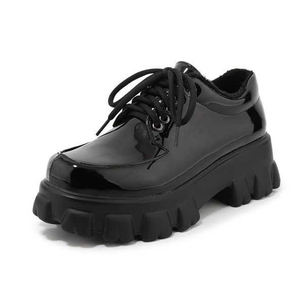 

pu leather shoes lace-up flats shoes women casual plataforma round head woman 2020 spring new single, Black
