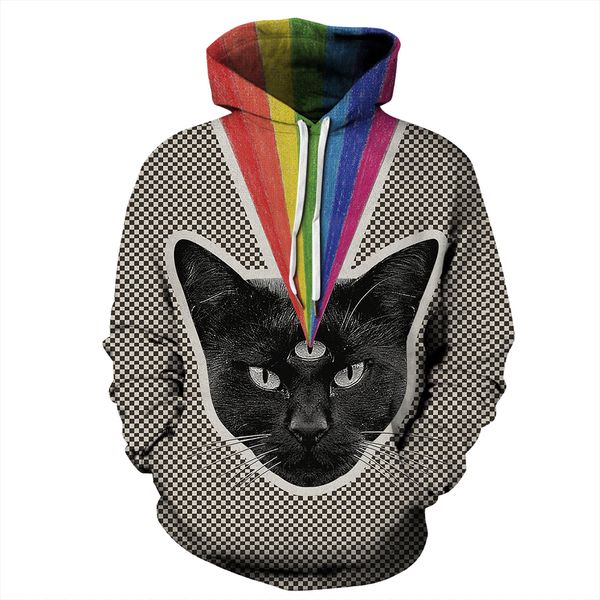 

fashion autumn loose thin hooded hoody outwear 3d sweatshirts men/women hoodies with hat print magic cat head lattice print, Black
