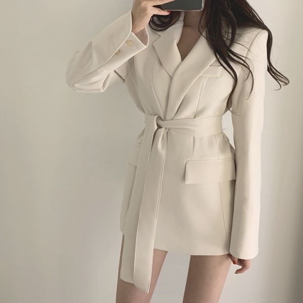

new 2020 spring autumn women jackets office ladies lace up notched formal outwear elegant beige black, White;black