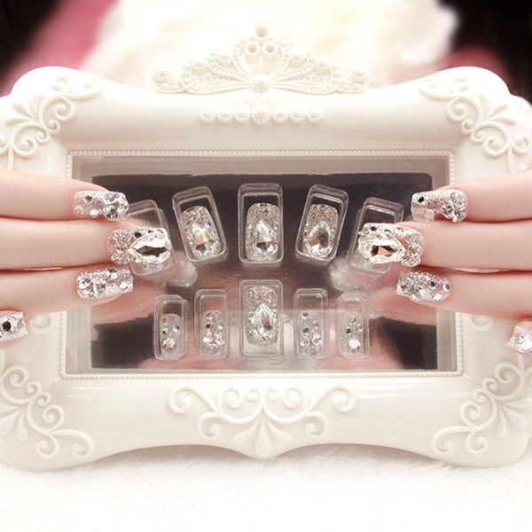 

24 pcs/set fashion wedding bride false nail tips shining rhinestone women ladies fake nails with glue sticker bv789, Black