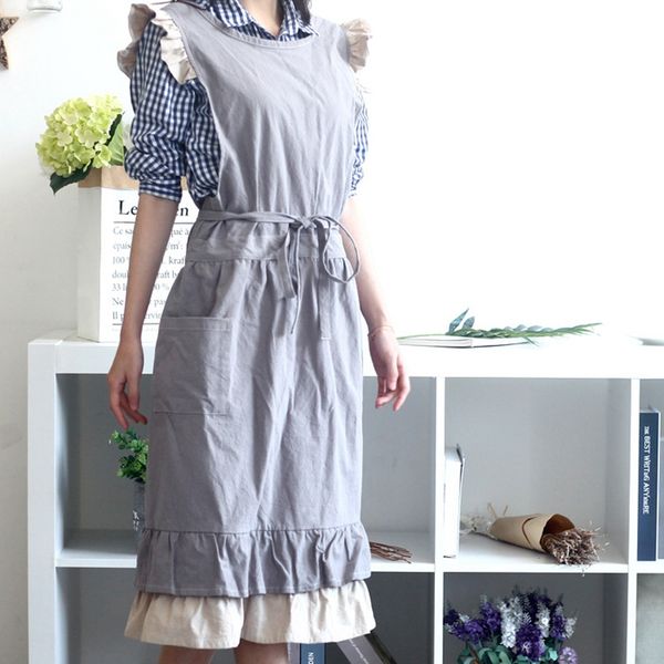 

105cm retro ruffled cotton linen apron female ladies sleeveless apron work