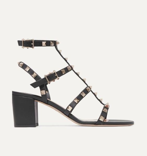 

summer 2020 brand women rock studs sandals high heels genuine leather rivets sandals luxury designer lady gladiator sandalias mujer lll, Black
