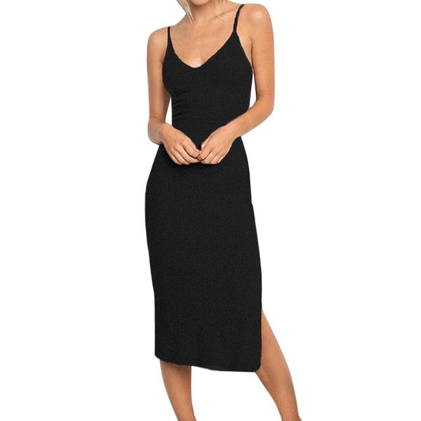 

lady hip package dress summer women v-neck sleeveless casual bodycon party dresses womens slim rib knit split dress #lh, Black;gray