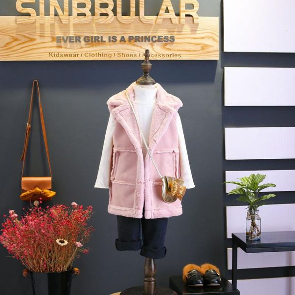 

2019 winter korean version fashion girl fur vest children solidfleece long coats girls keep warm round princess vests, Blue