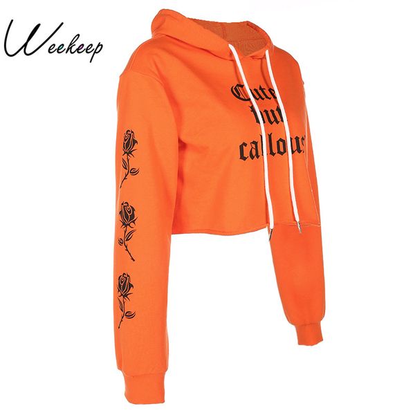 

weekeep 2017 women letter print sweatshirt casual lantern long sleeve hoodie fashion autumn orange drawstring short pullovers, Black