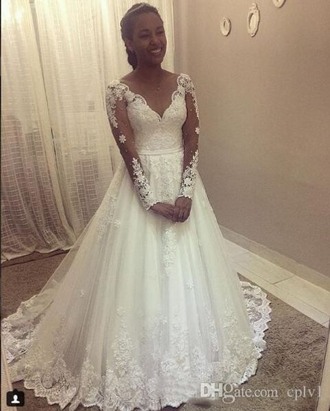

white a line tulle long sleeve wedding dresses sweetheart drop waist 2019 lace applique wedding gowns nigeria with beads h067