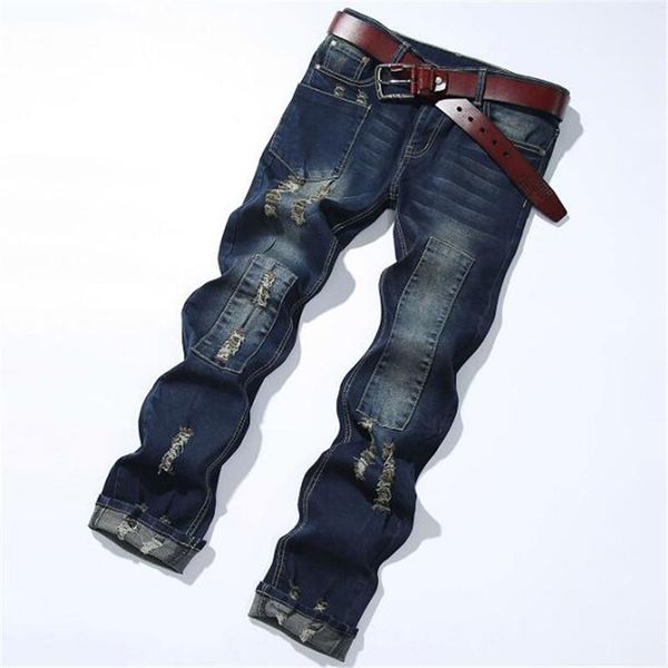 

new quality men's classic retro stitching hole trend blue high street punk personality stretch denim trousers jean pants