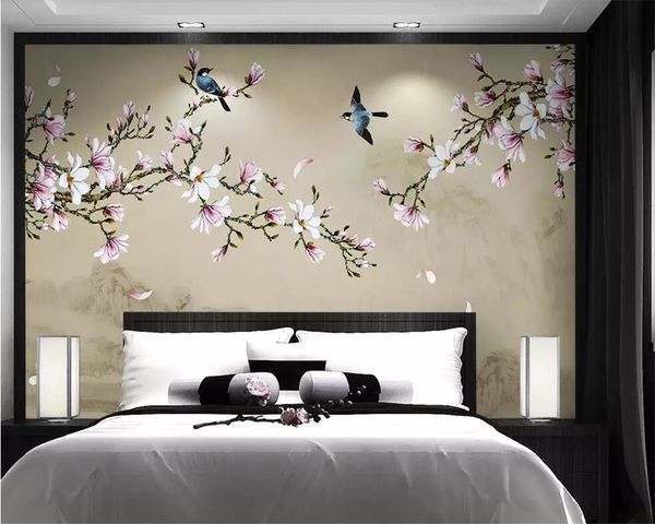 Beibehang обои росписи магнолия ручной росписью дотошный цветок и птица телевизор фона стены декоративная картина 3d обои