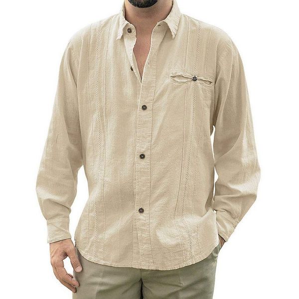 

vogue nice mens loose fit cuban camp guayabera linen long sleeve soild shirts casual button down beach breathable men shirts, White;black
