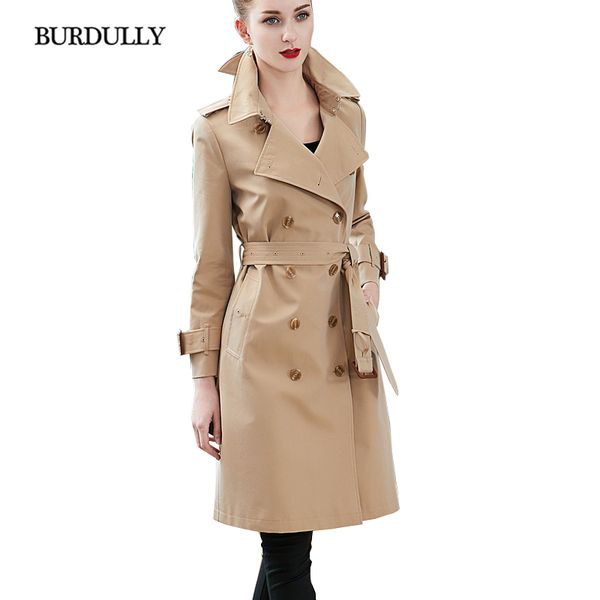 

burdully 2018 the new trench coat for women turn-down collar double breasted cotton coat women basic duster gradient color slim, Tan;black