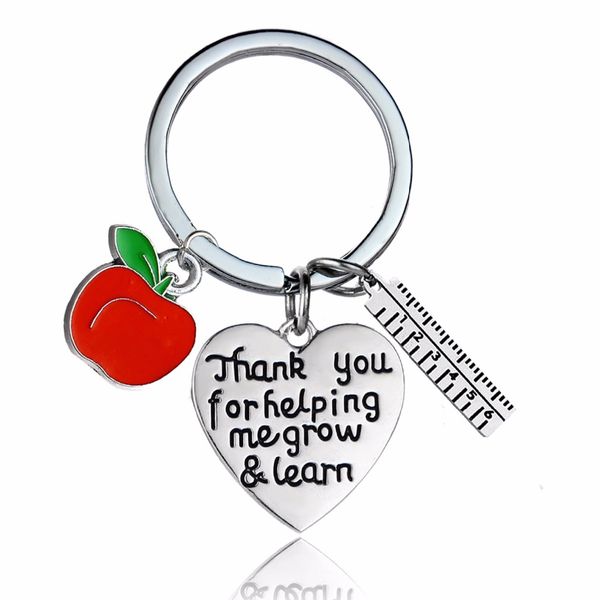 

12pc/lot thank you for helping me grow&learn keychain apple ruler heart charms teachers keyring key chains gift teacher jewelry, Silver